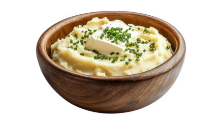 a wooden bowl filled with creamy mashed potatoes topped with a pat of butter and sprinkled with chopped chives the dish appears appetizing and is typically served as a side during meals. especially in