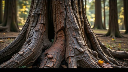 Obraz premium Ancient redwood bark texture, deep fissures, umber lines, ochre interior, mossy forest clearing.