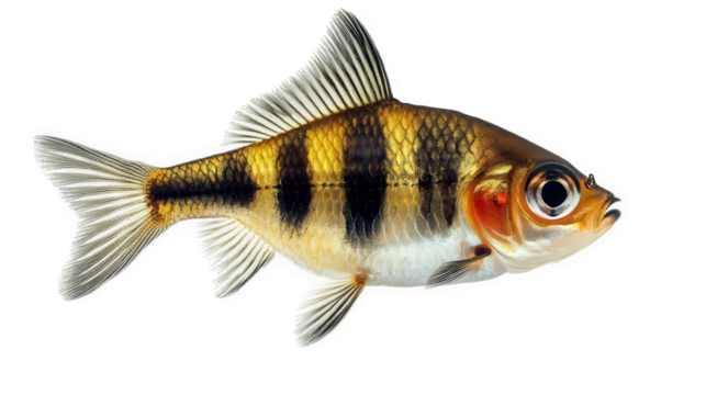 goldfish with distinctive black stripes on its body. showcasing its vibrant orange and white coloration the fish is positioned against a plain white background. emphasizing its features and form. like