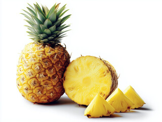 Pineapple fruit and many pieces of pineapple on white background. 