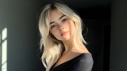 Fototapeta premium A young woman with platinum blonde hair in a portrait.