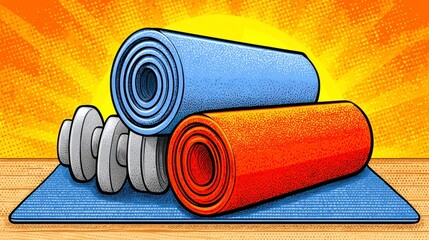 Pixel Art Fitness Still Life Rolled Exercise Mats and Dumbbells