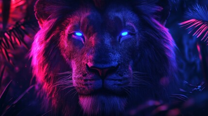 Naklejka premium Glowing Lion Portrait in a Dark Jungle