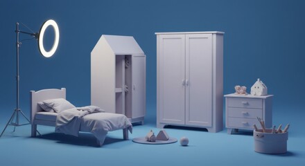 Minimalist furniture set against blue background with studio lighting