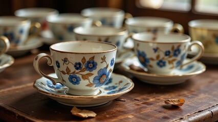 Aged porcelain teacups display delicate floral patterns, crazing lines, gold filigree, and evoke vintage elegance.