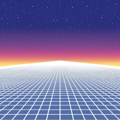 Pixel Art Retro Sunset Landscape with Gridded Plain