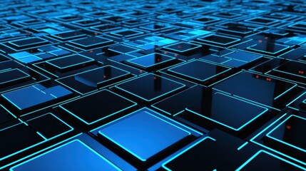 A futuristic grid of glowing blue squares creates a mesmerizing, high-tech landscape with a dark, reflective surface