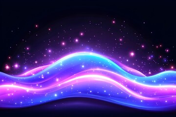 Obraz premium Glowing neon waves with pink and blue light, sparkling particles on a dark background