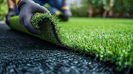 Artificial turf being installed in a residential outdoor space.