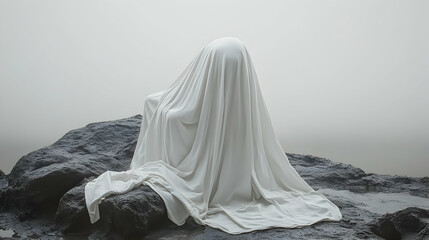 Naklejka premium Mysterious shrouded figure on rocky outcrop in hazy ambiance.