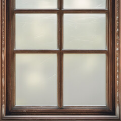 Fototapeta premium Window Frame: The image showcases a detailed view of a classic wooden window frame with six panes, featuring a blend of traditional craftsmanship and a hint of faded elegance.