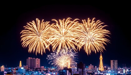 Golden fireworks explode over a cityscape at night