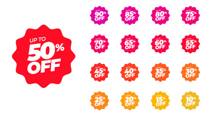 Sticker starburst badge, promotion badge round shape. Special offer discount on coloured tags with different value percent off 90, 85, 80, 75, 70, 65, 60, 55, 50, 45, 40, 35, 30, 25, 20, 15, and 10%.