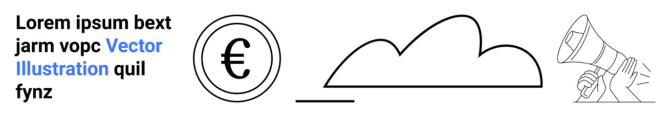 Euro coin, abstract cloud, and megaphone symbols representing finance, technology, communication, and marketing. Ideal for fintech, cloud services, advertising campaigns creativity or minimal