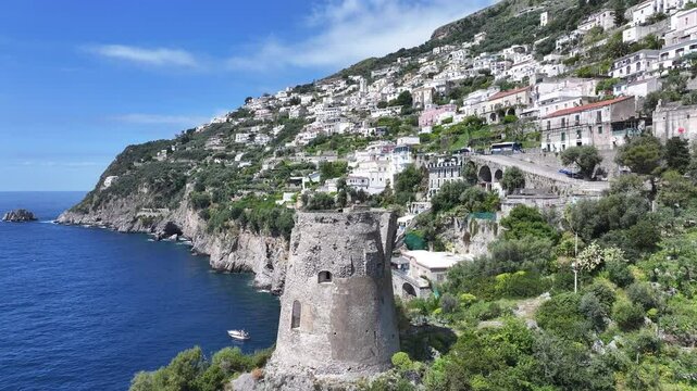 Amalfi Coast At Praiano In Salerno Italy. Beach Landscape. Giant Cliffs Scene. Amalfi Coast At Praiano In Salerno Italy. Medieval City Skyline. Gulf Of Salerno Mediterranean Sea. Beach Skyline.