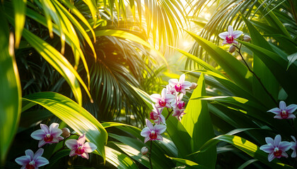 Lush Tropical Scene with Vibrant Orchids and Sunlit Green Foliage