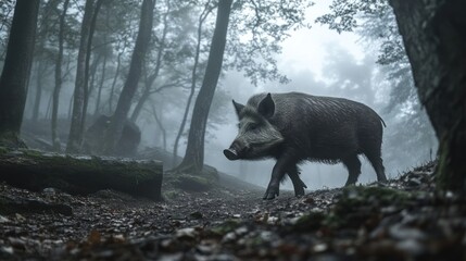 Wild boar in a misty forest