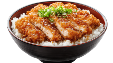 bowl of rice topped with crispy fried chicken cutlets. garnished with green onions and drizzled with a savory sauce this dish is a popular meal option. often enjoyed for its rich flavors and satisfyin