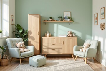 Cozy and Inviting Nursery with Soft Colors, Stylish Furniture, and Adorable Bear Accents