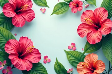 Fototapeta premium Bold vibrant hibiscus blooms, tropical seamless design , exotic, tropical flowers, summer