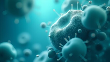 microscopic view of white blood cells in turquoise liquid, immune defense action scene, semi-transparent plasma