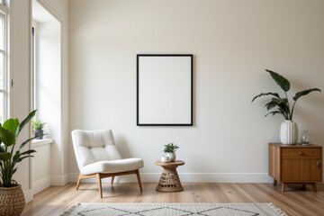 Fototapeta premium Modern Living Room with Minimalist Decor and Empty Frame on Wall for Art Display