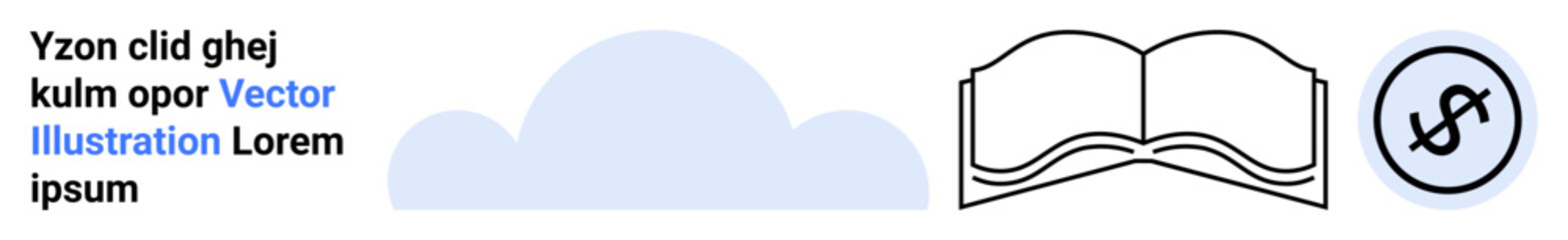 Open book beside cloud and dollar sign emphasizing learning, innovation, and monetary growth. Ideal for education, finance, knowledge, innovation, e-learning, business insights simple landing page