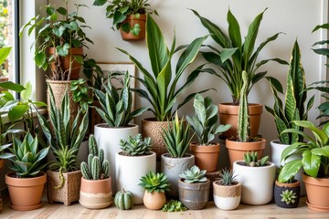 Green Indoor Plants Collection in Various Pots for Home Decor and Interior Aesthetics