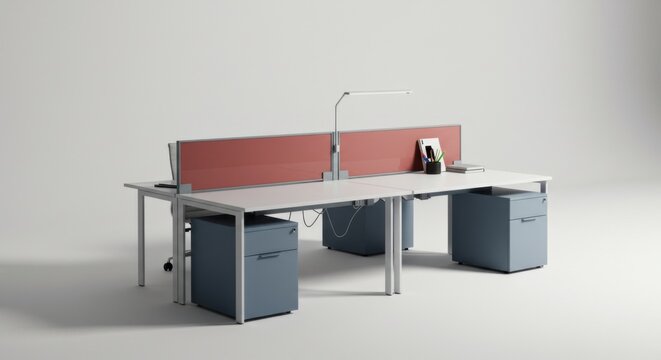 Modern office desk design with red partition and neutral background