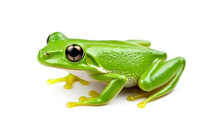 Obraz premium Vibrant green frog with large, dark eyes and yellow-tipped toes, posed against a stark white background