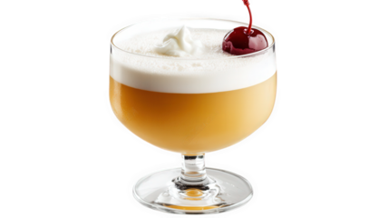 stylish cocktail served in a coupe glass. showcasing a creamy. frothy top with a bright red cherry garnish the drink has a golden hue. suggesting a fruity flavor profile. and is presented against a cl