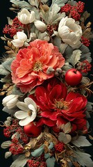 Colorful floral arrangement with blossoms and fruits displayed in artistic style