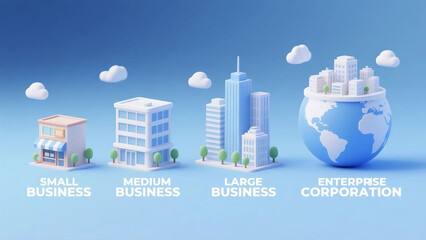 Illustration of company sizes from small business to global corporation with building icons.
