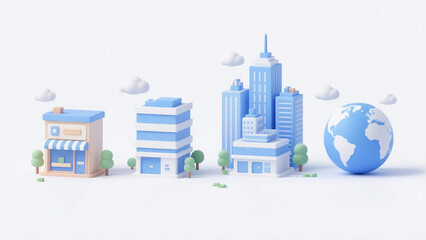 Illustration of company sizes from small business to global corporation with building icons.
