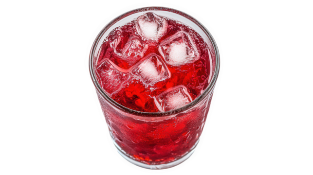 a refreshing beverage served in a glass filled with ice cubes. showcasing a vibrant red color. likely a fruit-based drink or cocktail the clear glass highlights the drink's texture and chill. making i
