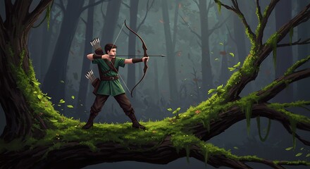 Naklejka premium Archer in Dark Forest Fantasy Illustration