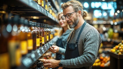 Caucasian male shopkeeper organizing products in grocery store aisle with female customer