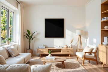 Fototapeta premium Bright Minimalist Living Room with Modern Furniture and Natural Light in Stylish Interior Design
