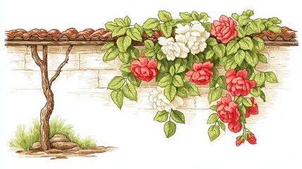 Red and White Roses Climbing Stone Wall Botanical Illustration