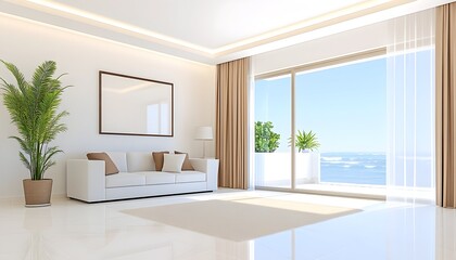 Sunlit living room with ocean view, white sofa, beige rug, and floor-to-ceiling glass doors