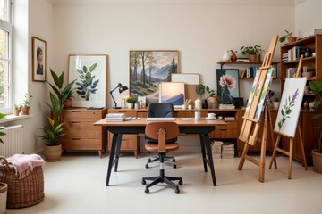 Modern home office interior with stylish furniture and artistic decorations in a bright space