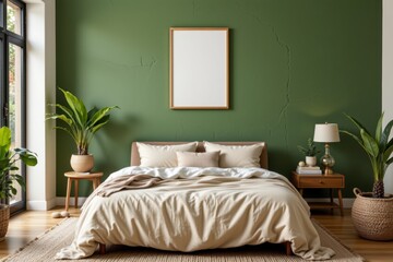 Cozy Bedroom Decor with Green Wall and Natural Elements in Modern Interior Design