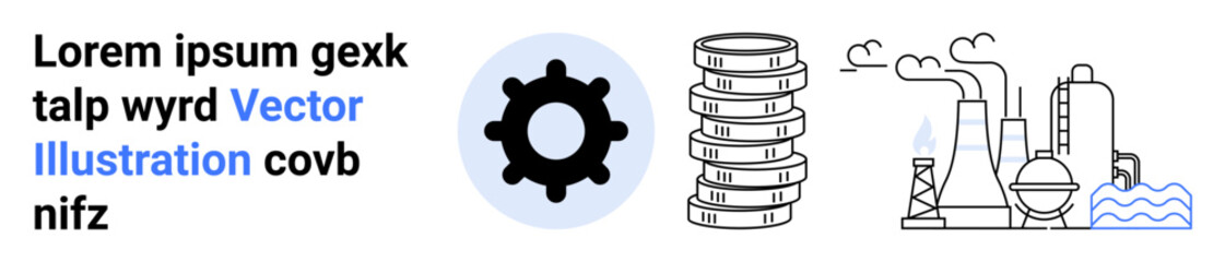 Cogwheel, stack of coins, and factory outline representing industry, finance, growth, manufacturing, technology, economy innovation. Ideal for business startups reports technology finance