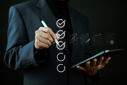 Quality Assurance and Document Control with Checklist Icons. Woman mark off items on digital checklist, representing quality assurance and document control processes, verification and compliance