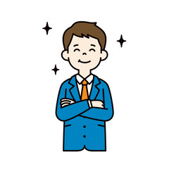Fototapeta premium 嬉しそうな表情の、スーツを着た若い男性のベクターイラスト素材＿線幅の編集可能＿カラー