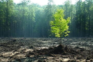 Solo green tree stands amidst a barren landscape ravaged by deforestation in a forest at midday
