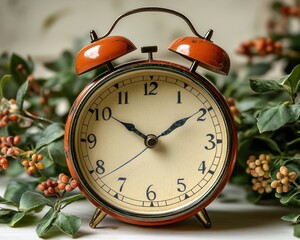 Vintage orange alarm clock surrounded by greenery, evoking nostalgia and tranquility