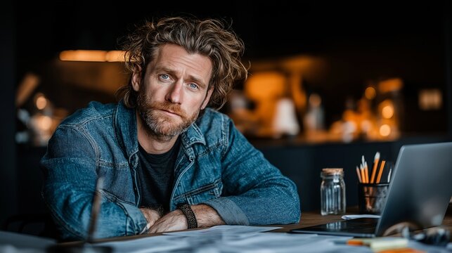 Focused Caucasian male entrepreneur planning strategy in cozy home office with denim jacket and casual style, warm lighting, startup and business planning concept - Powered by Adobe