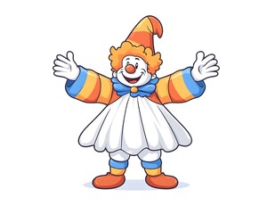 Naklejka premium A cheerful cartoon clown with orange and blue striped sleeves, a white puffy costume, and a conical hat, welcomingly outstretched arms