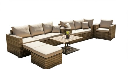 Outdoor sectional sofa with beige cushions isolated on white
